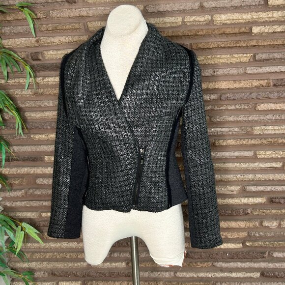 Cache Blazer Navy Blue Tweed Asymmetrical Zip Oversized Collar Size 6 - Picture 8 of 9